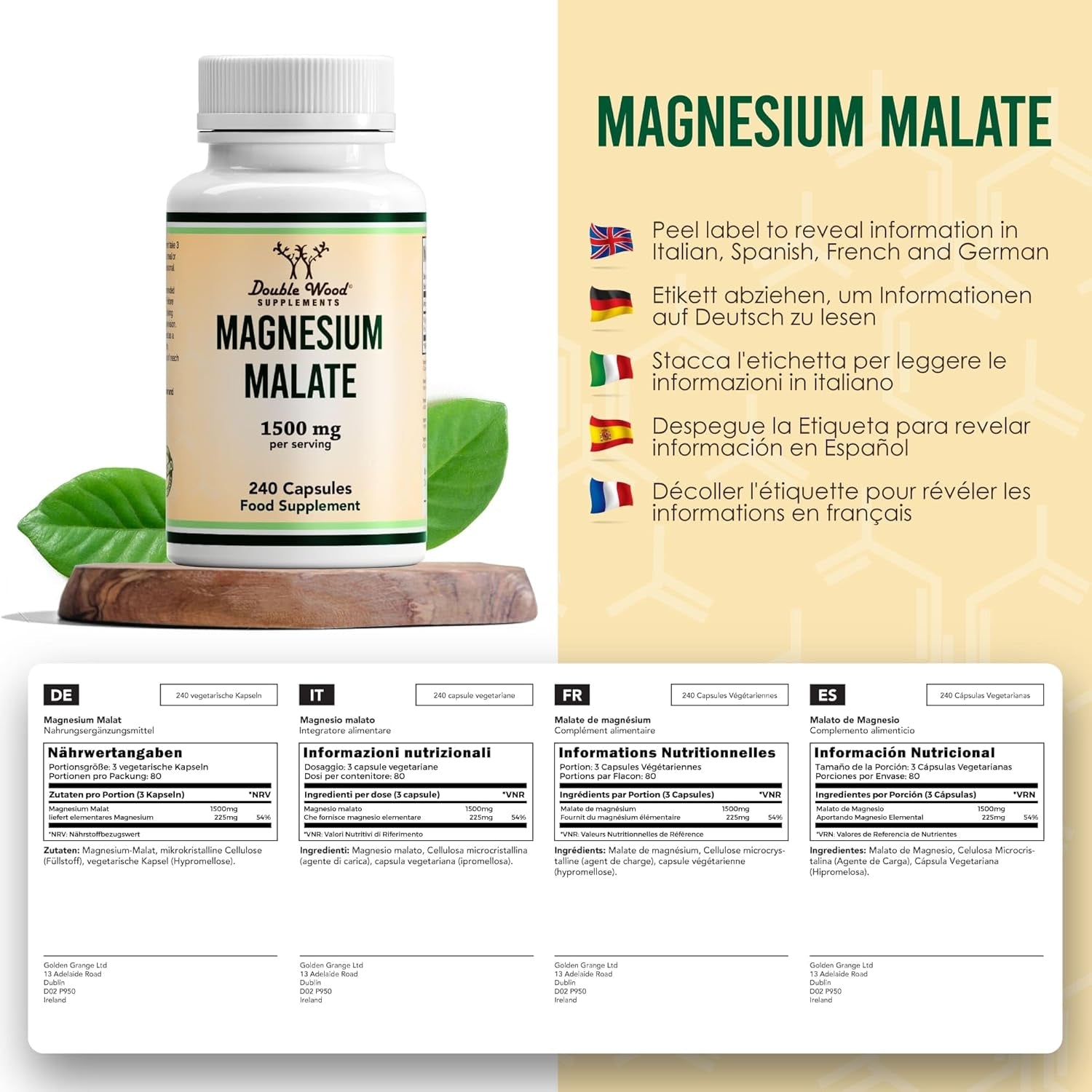 Double Wood Magnesium Malate Capsules | 240 High Strength Magnesium Malate Supplements | 80 Servings - 1500Mg Malate per Serving | Supports Energy Levels, Muscle Pain and Recovery | UK Manufactured