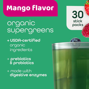 Vital Vibe Super Greens Powder 30 Servings - with Prebiotics, Probiotics & 3G Fiber - Spirulina, Chlorella for Gut Health, Energy & Digestion - Mango Flavor, Vegan, Zero Sugar