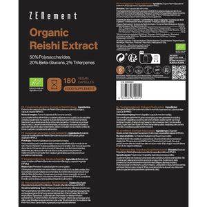 Pure Organic Reishi 12000 Mg | 180 Vegan Capsules for 6 Months | with 50% Polysaccharides, 20% Beta-Glucans, and 2% Triterpenes | Ganoderma Lucidum | Antioxidant, Energizing | No Additives | Zenement