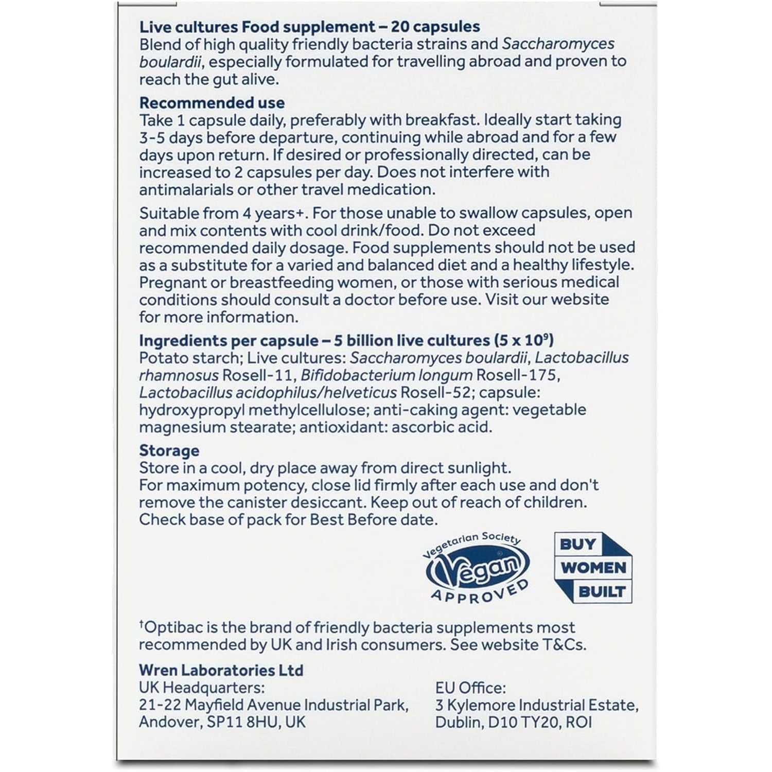 Optibac Probiotics Travel Abroad - Highly Researched Vegan Digestive Probiotic Supplement - Expertly Formulated for Travel & a Range of Climate Conditions - with Saccharomyces Boulardii - 20 Capsules