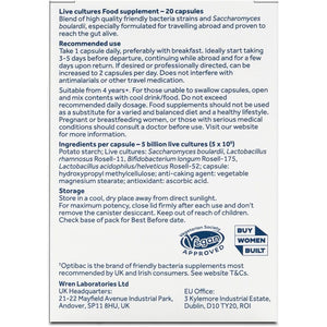 Optibac Probiotics Travel Abroad - Highly Researched Vegan Digestive Probiotic Supplement - Expertly Formulated for Travel & a Range of Climate Conditions - with Saccharomyces Boulardii - 20 Capsules