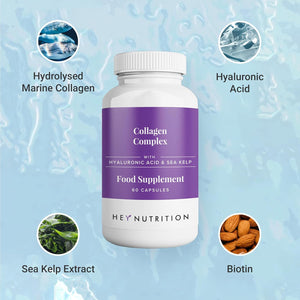 Hey Nutrition Collagen Complex Hyaluronic Acid & Sea Kelp Vitamin E, C, Biotin - Healthy Nails, Skin, Hair Joints Metabolism - Type 1 Marine Supplement - Non GMO, 60 Capsules