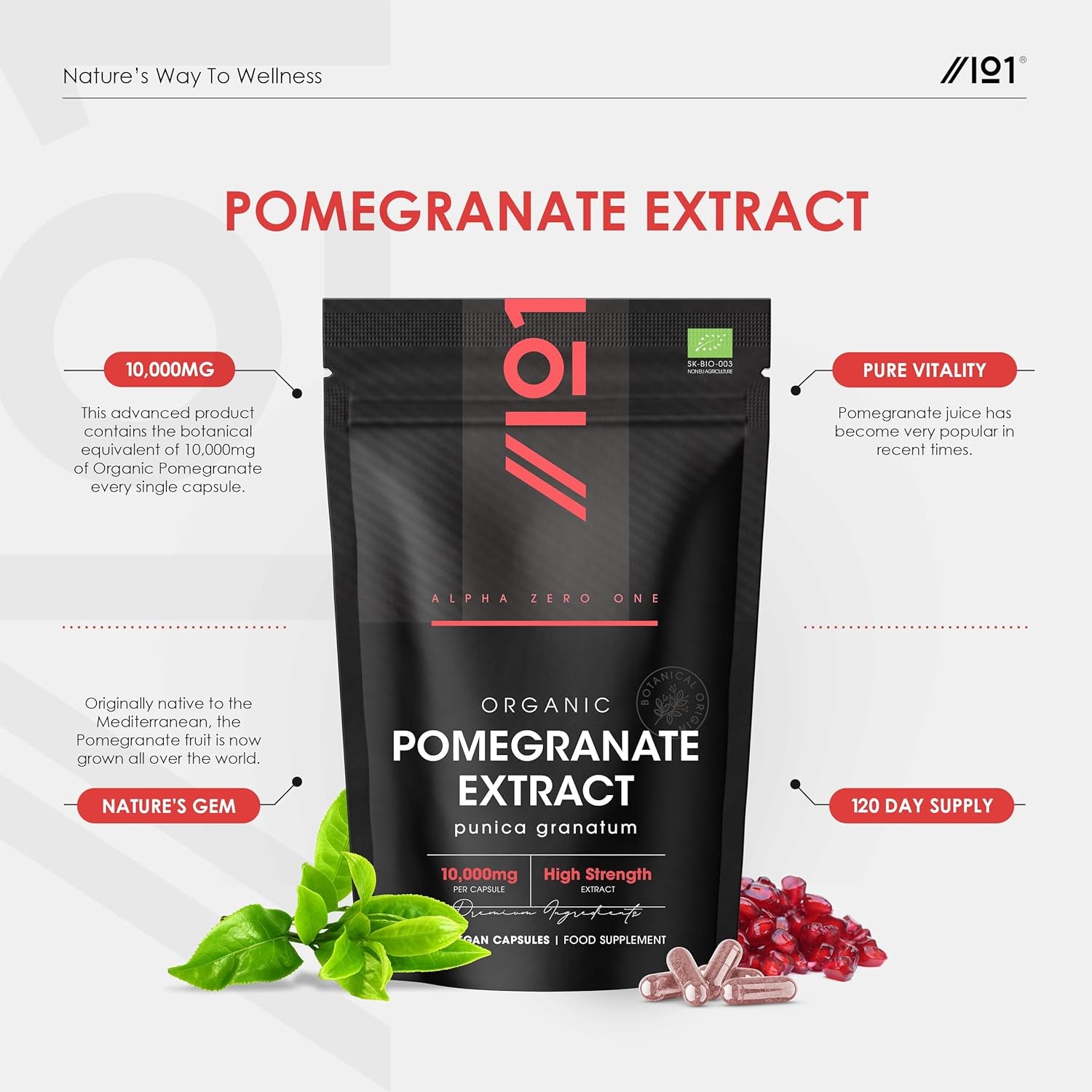 Organic Pomegranate Extract 10,000Mg – 120 Vegan Capsules – High Strength 40:1 Punica Granatum Extract - Resealable and Recyclable Pouch by Alpha01