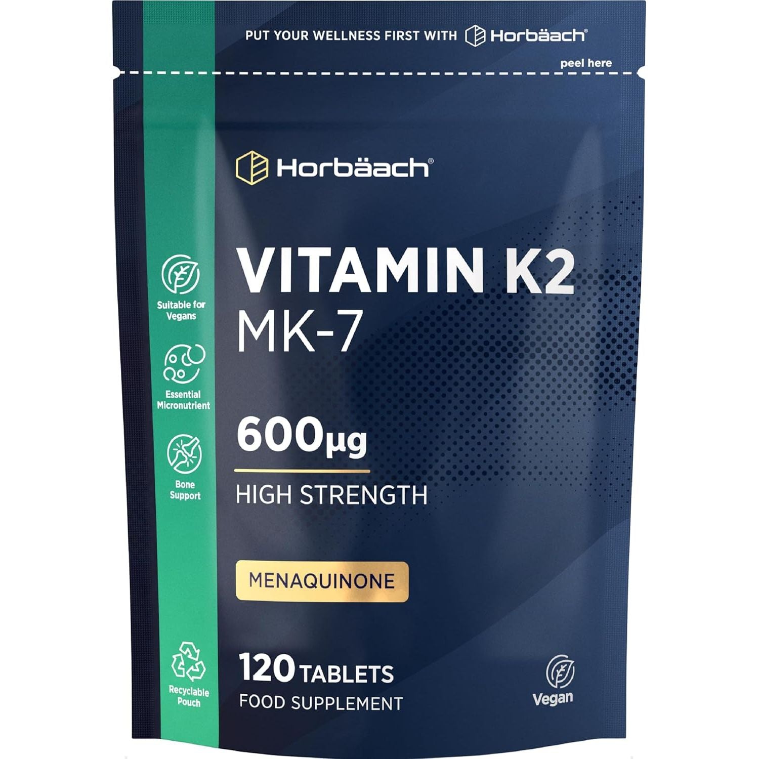 Vitamin K2 MK7 600Mcg | 120 Tablets | High Strength Vitamin K2 Menaquinone MK-7 Supplement | Suitable for Vegans | Letterbox Friendly Packaging | by Horbaach
