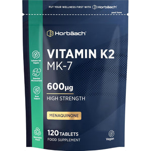 Vitamin K2 MK7 600Mcg | 120 Tablets | High Strength Vitamin K2 Menaquinone MK-7 Supplement | Suitable for Vegans | Letterbox Friendly Packaging | by Horbaach