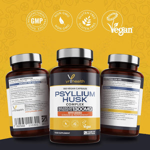 Psyllium Husks Capsules - 1300Mg Fibre Supplement - 180 Vegan Capsules with Added Peppermint & Ginger - 2 Capsules Not Tablets per Serving - Plantago Ovata Plant Seeds - Made in the UK by Yrhealth
