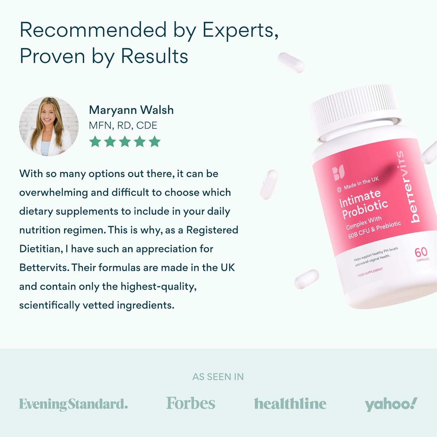 Bettervits Intimate Probiotics for Women & Bacterial Vaginosis Care | Vaginal Probiotics for Intimate Flora with Ashwagandha, Vitamin C, D3 Complex - Supports Gut Health & PH Balance - 60 Capsules