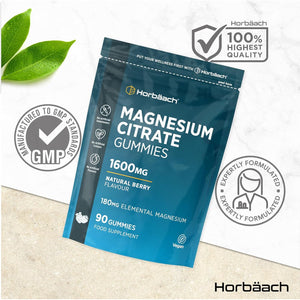 Magnesium Gummies 1600Mg | Citrate Providing 180Mg Elemental Magnesium | Berry Flavoured | Supplement for Women & Men | 90 Vegan Gummies | by Horbaach