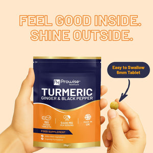 Turmeric Tablets 5400Mg with Black Pepper, Ginger - High Strength Turmeric 95% Curcumin Supplements | 150 Easy Swallow Tablets (Not Capsules or Powder) - Letterbox Friendly - Made in UK - Prowise