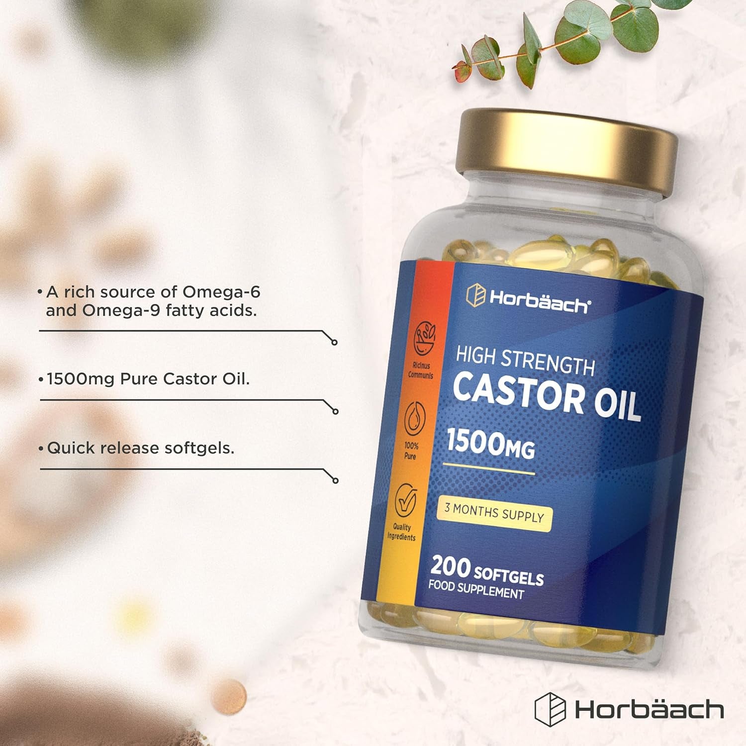 Castor Oil Capsules 1500Mg | 200 Softgel Capsules | Rich in Omega 6 & 9 | Castor Oil Supplement | by Horbaach