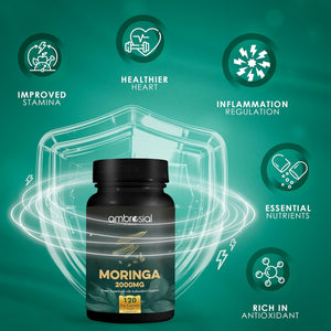 Ambrosial Moringa Capsules 2000Mg | Moringa Leaf Extract | Plant-Based Herbal Supplement | Natural Wellness Support | 120 Vegan Capsules