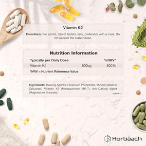 Vitamin K2 MK7 600Mcg | 120 Tablets | High Strength Vitamin K2 Menaquinone MK-7 Supplement | Suitable for Vegans | Letterbox Friendly Packaging | by Horbaach