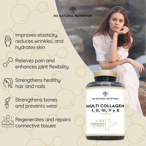 Multi Collagen 1650Mg Type I, II, III, V, X. Bovine, Marine Collagen Peptides 180 Capsules Enhanced with Vitamin C, for Joint Care, Skincare & Hair High Strength Collagen N2 Natural Nutrition