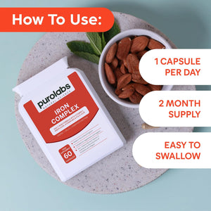 Premium Iron Complex - High Strength Iron (18Mg) with Vitamin C, B12, B9 Folate & Zinc - Gentle Formula for Superior Absorption - Energy & Blood Formation Support - 60 Capsules