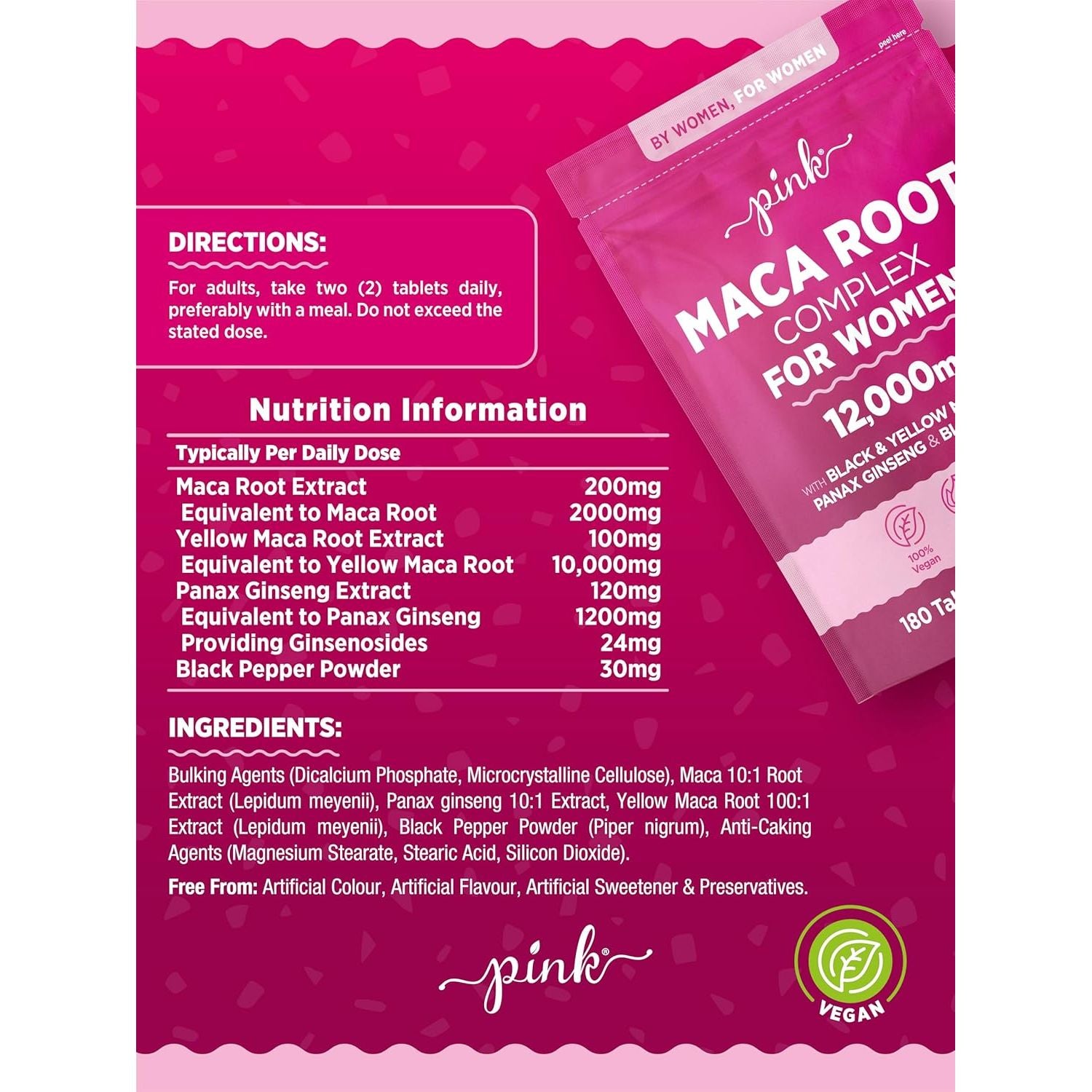 Maca Root Capsules for Women 12,000Mg | Peruvian Maca Supplement | High Strength Black & Yellow Maca Root with Panax Ginseng and Black Pepper | Botanical Supplement to Support Women'S Health | by PINK