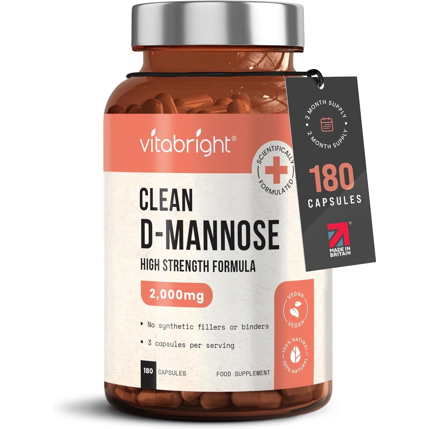 Vitabright D-Mannose Capsules | 2000Mg per Day | 180 Capsules | 2 Month Supply | High-Strength Alternative to Cranberry Tablets | Mix D Mannose Powder into Drinks | Pure Clean Formula