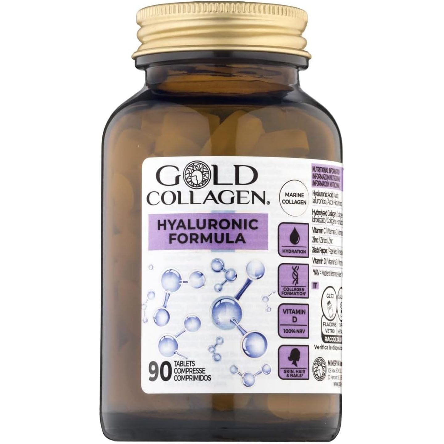 GOLD COLLAGEN Hyaluronic Formula - Collagen Supplements for Women Enhanced with Vitamin D, Vitamin C, Hyaluronic Acid & Zinc, 90 Tablets - Collagen Tablets for Skin Hydration, Hair, Nail & Joint Care