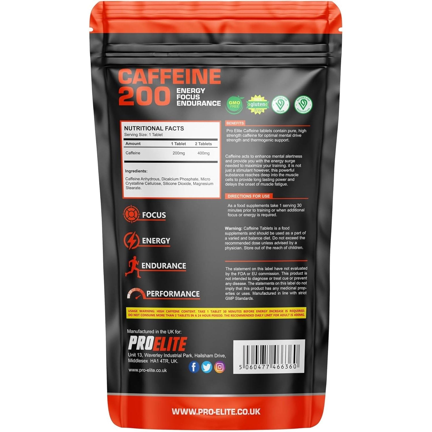 Caffeine 200Mg 120 Vegan Tablets | Energy Boost & Exercise Support Pre Workout Weight Loss | Improve Focus & Alertness | Vegan UK Made | Better than Caffeine Gels Gummies Capsules by PROELITE