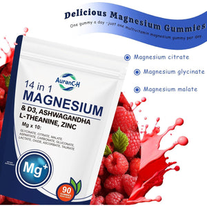 90 Count Magnesium Glycinate & Citrate Gummies – 14 in 1 Magnesium & D3, Ashwagandha L-Theanine, Zinc – Cortisol Supplements for Women – Sugar-Free Vegan Non-Gmo