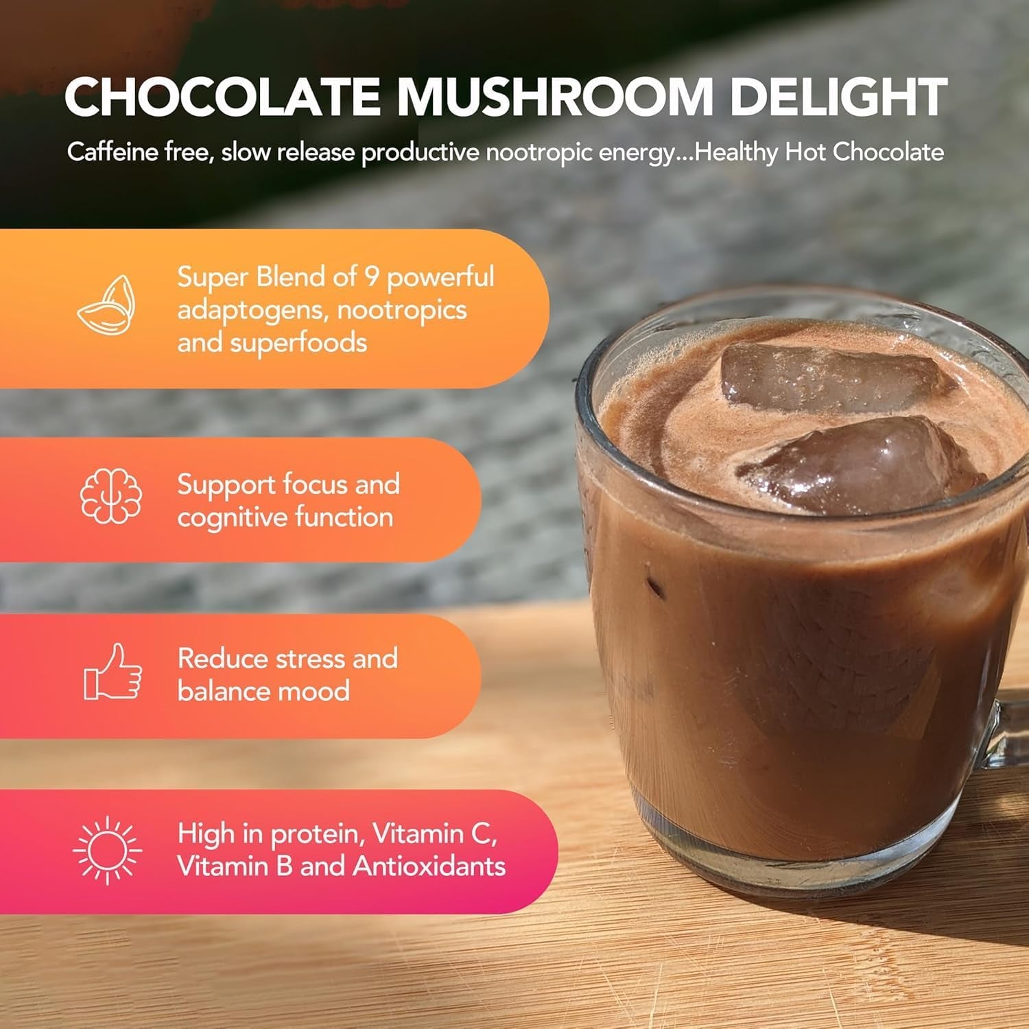 Hot Chocolate Super Blend with Cacao Powder, Ashwagandha, Maca, Lucuma, Turmeric Root & Chaga Mushroom Powder Drink 70G (7 Servings) Vegan Friendly & UK Made