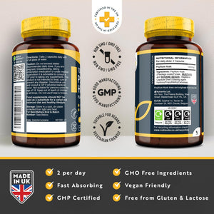 Psyllium Husks Fibre Supplement – 1400Mg per Serving – Naturally High in Soluble Fibre – 180 Vegan Capsules – Supports Daily Rhythm – 100% Pure Plantago Ovata Plant Seeds – Made in the UK by Nutravita