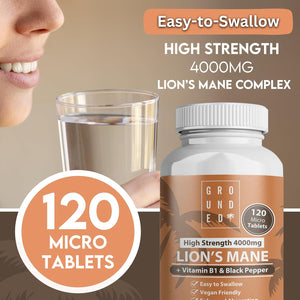Grounded Lion’S Mane 4,000Mg High Strength 15:1 Extract | 120 Tablets | with Vitamin B1 & Black Pepper for Optimal Absorption | 2 Month Supply. UK Made Mushroom Supplement