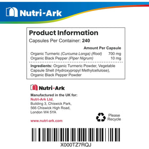 Nutri-Ark Organic Turmeric 700Mg per Capsule with Black Pepper | 240 Vegetarian Capsules (8 Month Supply) | UK Manufactured | Soil Association Certified