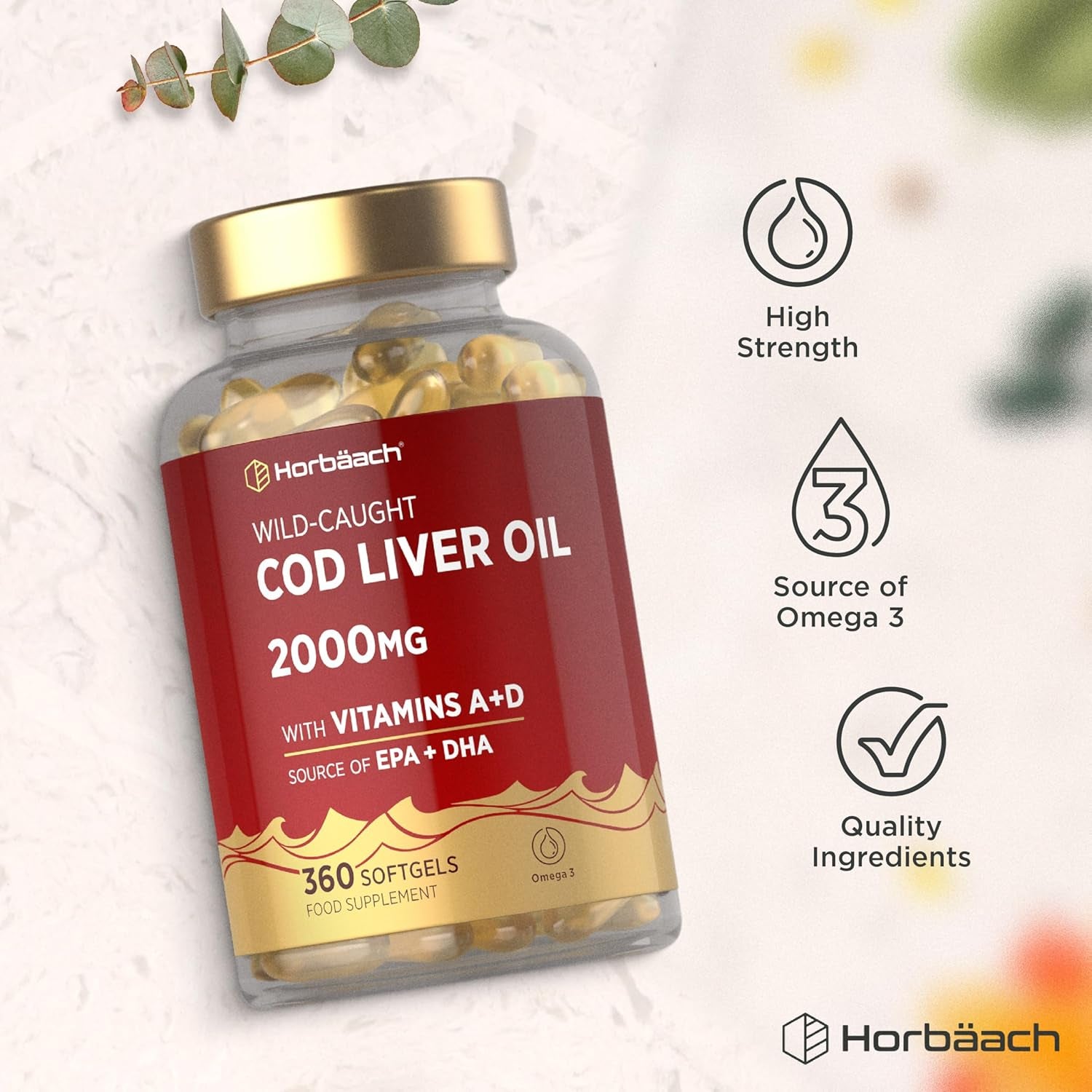 Cod Liver Oil Capsules High Strength | 2000Mg | 360 Count | with Omega 3, Vitamin D and a | with 171Mg of DHA and 151Mg of EPA | Rich in Omega 3 Fatty Acids | by Horbaach