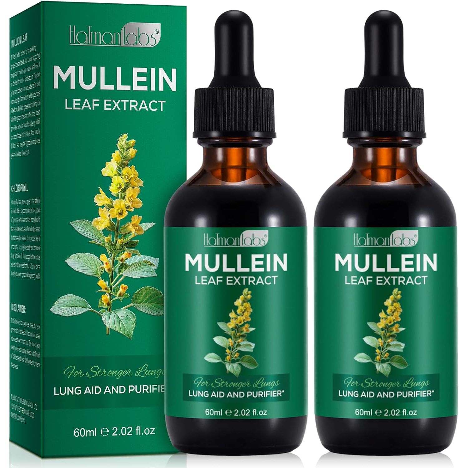 Mullein Drops for Lungs, 2 Pack Powerful Mullein Leaf Extract for Lungs Cleanse and Healthy Breathing, 2 Month Supply, 60Ml