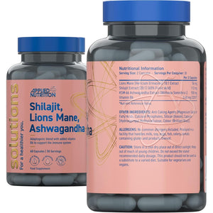 Applied Nutrition - Solutions - Shilajit, Lion’S Mane & Ashwagandha - High Strength Nootropic & Adaptogen Blend - Mental Clarity, Stress & Energy Support - 60 Capsules - 30 Servings