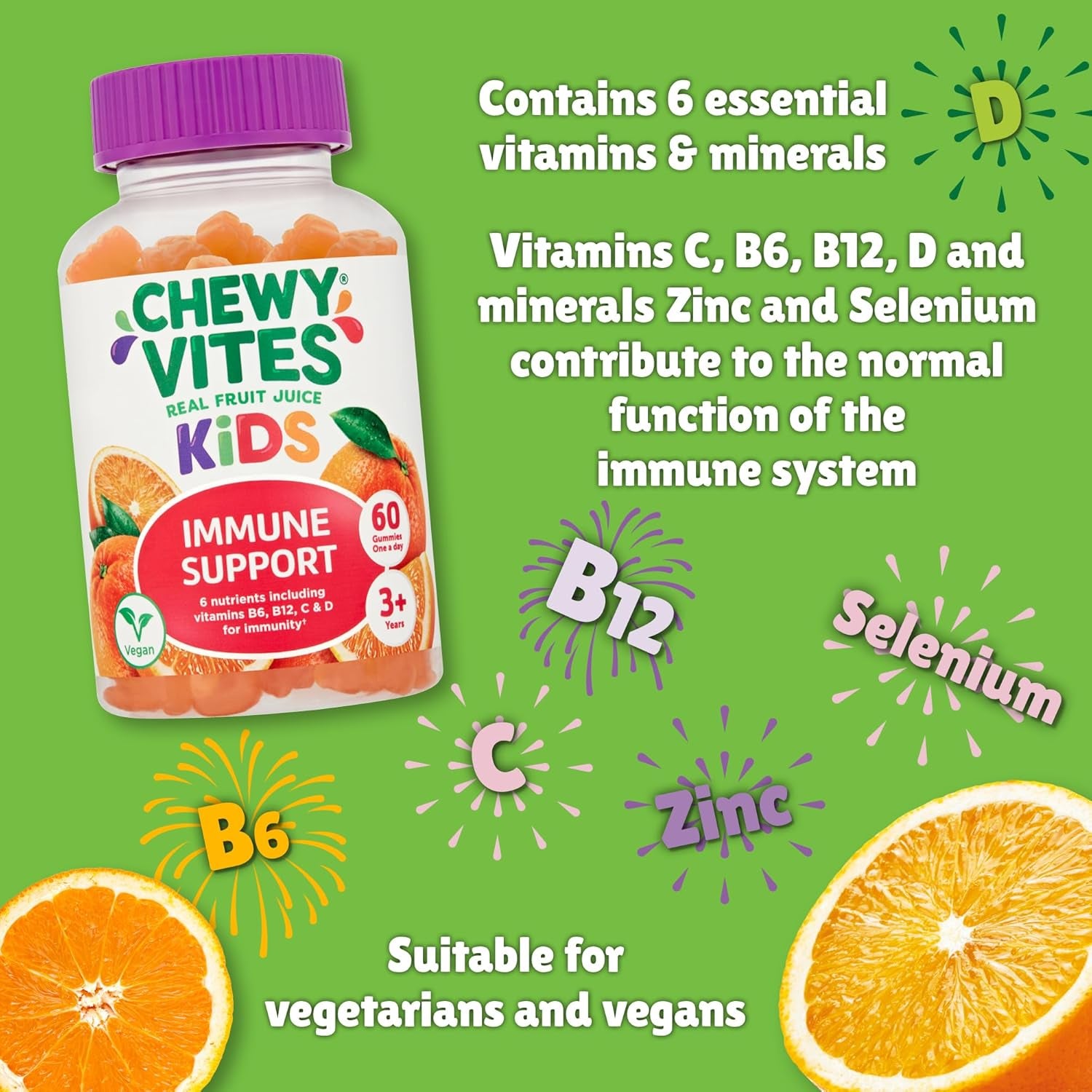 Chewy Vites Kids Immune Support, 60 Kids Vitamins Gummies, High Strength Vitamin D, Vit C, B6, B12, Zinc, Selenium, 2 Months Supply, Real Fruit Juice, Vegan, Age 3 +, Orange Flavour