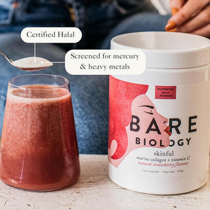 Bare Biology Collagen Powder + Vitamin C, 300G/60 Servings, Strawberry Flavour - Skinful Pure Marine Collagen for Skin, Muscles, Hair, Nails, Joints & Bones - Super Strength Type 1 Peptides