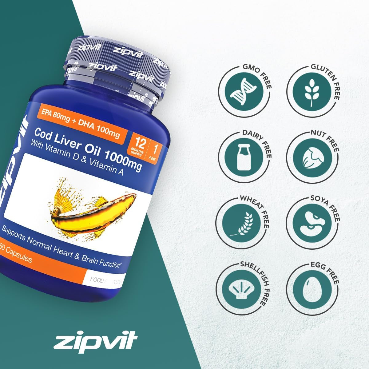 Zipvit Cod Liver Oil 1000Mg, 360 Capsules of High Strength Fish Oil, Rich in Omega 3. Supports Heart Health, Brain Health, Eye Health and Normal Blood Pressure