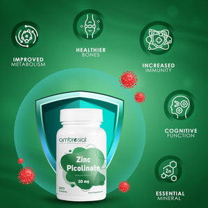 Ambrosial Zinc Picolinate Supplement 30 Mg – High Strength Zinc Tablets for Immune System, Skin, Hair & Nails for Women & Men – Vegan, Non-Gmo, GMP Certified, 120 Tablets (4 Months Supply)