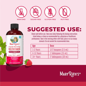 Maryruth Organics, Liquid Morning Multivitamin Essentials+, Essential Vitamins & Minerals, Sugar Free, Raspberry Flavour, 450Ml, Vegan, Gluten Free