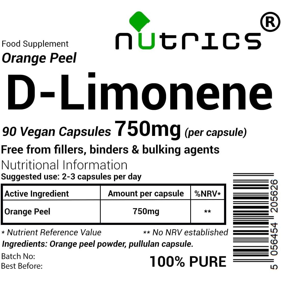Nutrics® D Limonene 750Mg Natural Citrus Peel 90 V Capsules (1 Month Supply) - Free from Fillers, Binders & Bulking Agents - Suitable for Vegan Vegetarian
