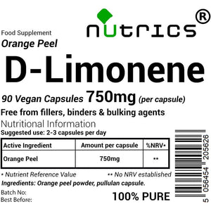 Nutrics® D Limonene 750Mg Natural Citrus Peel 90 V Capsules (1 Month Supply) - Free from Fillers, Binders & Bulking Agents - Suitable for Vegan Vegetarian