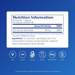 Pure Encapsulations Zinc 30 - Zinc Picolinate 30Mg - Highly Absorbable Hypoallergenic Supplement - 60 Capsules