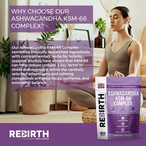 Ashwagandha High Strength KSM 66 Complex - 2000Mg Enhanced with Rhodiola Rosea, L Theanine & Lemon Balm for Sleep Aid & Calm - 120 Ashwagandha KSM 66 Tablets - Vegan Supplement, Made in UK