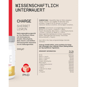 Phd Charge, All in One Pre Workout Powder with Creatine for Women and Men, Rich in Beta Alanine, High Caffeine for Pre-Workout, Sherbert Lemon Flavour, 20 Servings per 300G Bottle