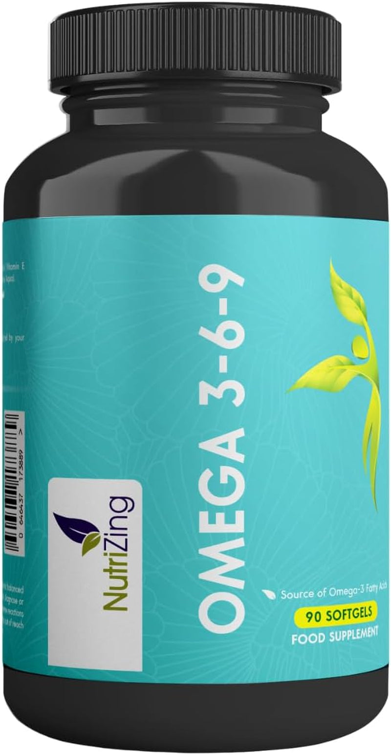 Omega 3 6 9 Triple Strength Fish Oil + Flaxseed Oil & Sunflower Oil - EPA & DHA - High Strength 1000Mg - Made in the UK - Omega369 in One Softgel by Nutrizing - Potent Essential Fatty Acids
