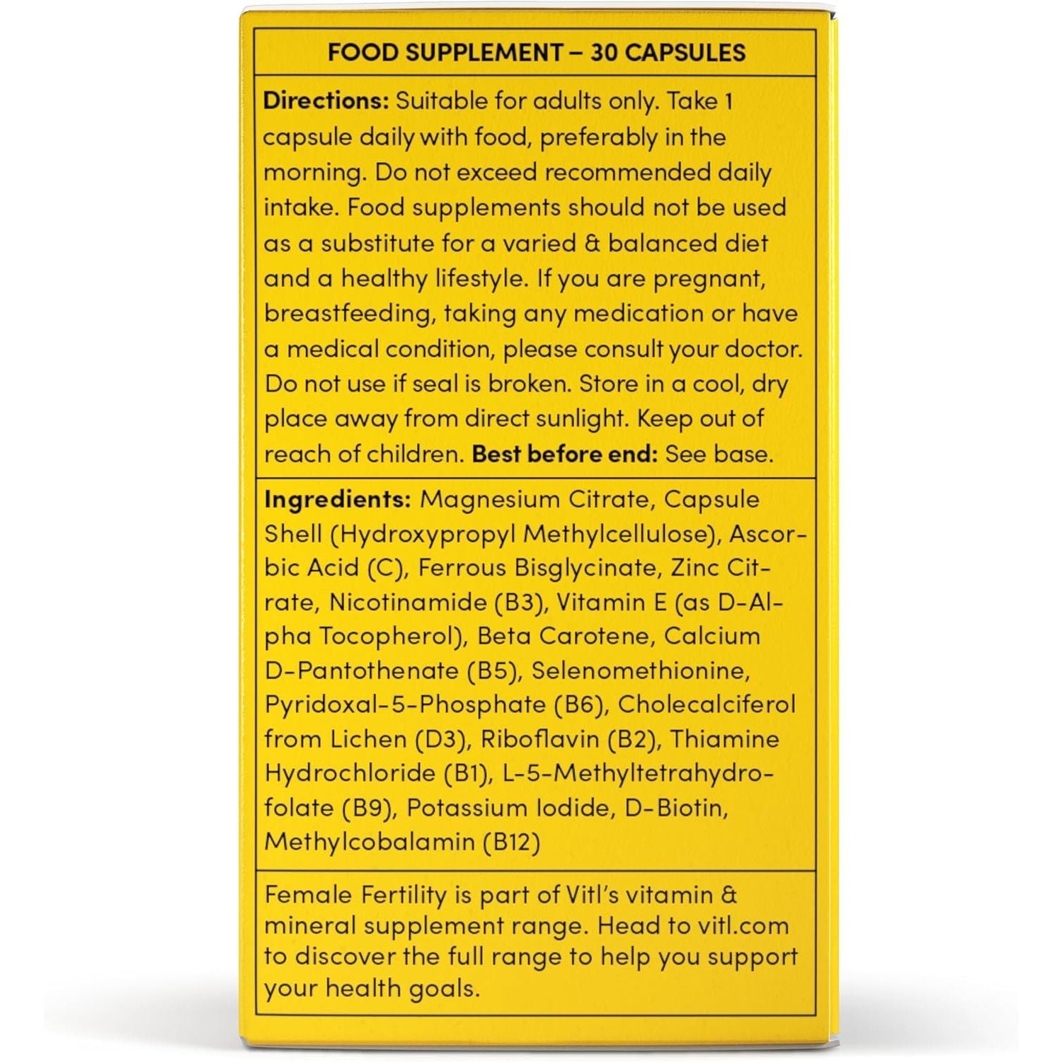 Vitl Female Fertility Supplement - 30 Vegan Capsules - Includes Folic Acid, Vitamin B12 & Zinc - Formulated with 17 Essential Nutrients & Vitamins - Conception Support for Women - 1 Month Supply