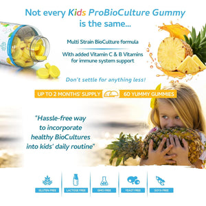 Kids Probiotics/Probiocultures Gummies - 60 Children'S Probiotics Multi-Strain Gummies - Natural Pineapple Flavour – with Added B & C Vitamins for Immune Support - 2 Month Supply – UK Made