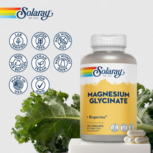 Solaray - Magnesium Glycinate 3180Mg - 120 Vegan Capsules - High Strength Mag Bisglycinate Supplement - with Added Bioperine Black Pepper for Gentle Digestion - Lab Verified