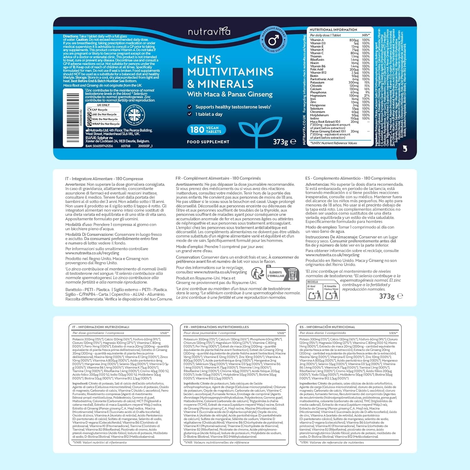 Men'S Multivitamins and Minerals - 25 Essential Active Vitamins and Minerals with Added Maca Root and Panax Ginseng - Multivitamin Tablets for Men - 180 Vegan Tablets - Made in the UK by Nutravita