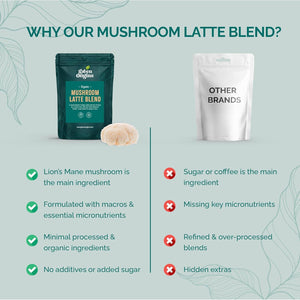 Green Origins Organic Super Mushroom Mocha Latte Blend with Lion'S Mane, Coffee & Cacao for Energy & Focus |10 Servings, 100G | Vegan, Dairy Free, Gluten Free, Kosher, No Added Sugar