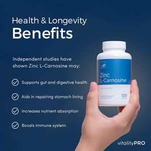 Vp Vitality Pro Zinc L-Carnosine 37Mg X 120 Capsules - over 99% Purity Third Party Tested - Gut Health Zinc Carnosine Supplement - Vitality Pro