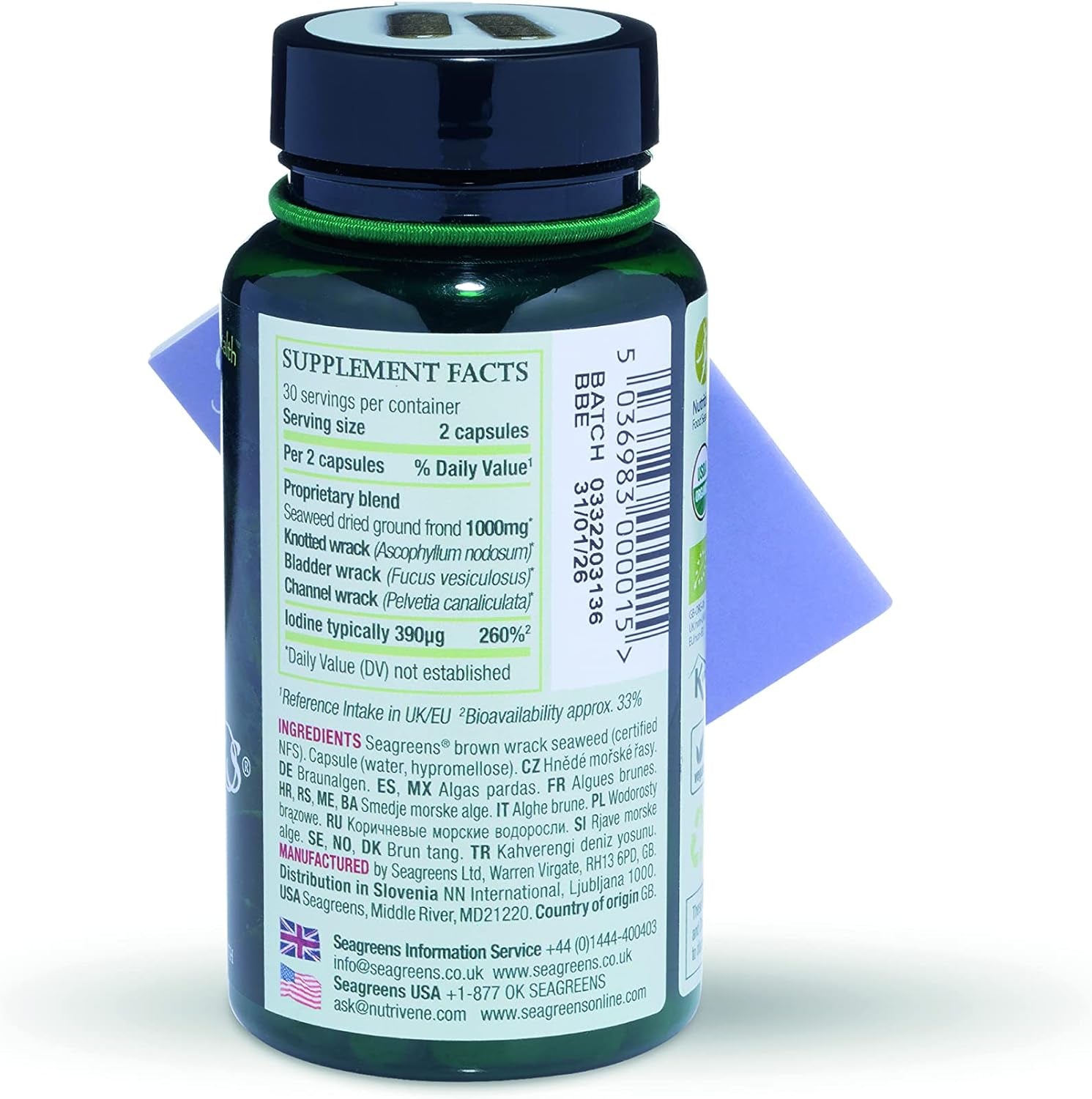 Seagreens Seaweed Food Supplement, 1 Month Supply, 390Mcg Iodine, 11 Vitamins, 67 Minerals, Plant-Based, Vegan, Supports Metabolism, Thyroid & Digestion, 60 Capsules