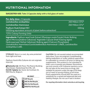 Psyllium Husk 4500Mg with 500 Million CFU, 180 Psyllium Husks Capsules for 3 Months of Supply - Fibre Supplement Psyllium Husk Powder Alternative - Made in the UK by Nutravita