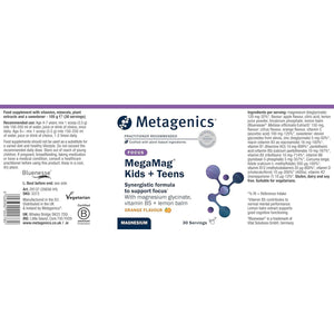 Metagenics Megamag Kids + Teens - Magnesium & Lemon Balm Powder with B Vitamins for Focus at School - Orange, 30 Servings